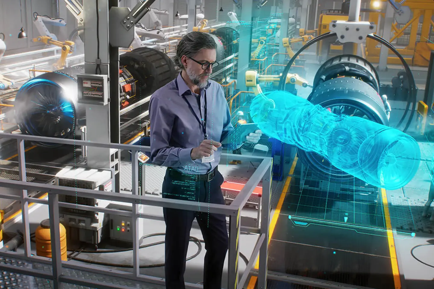 Ingeniero usando una tableta con una aplicación holográfica