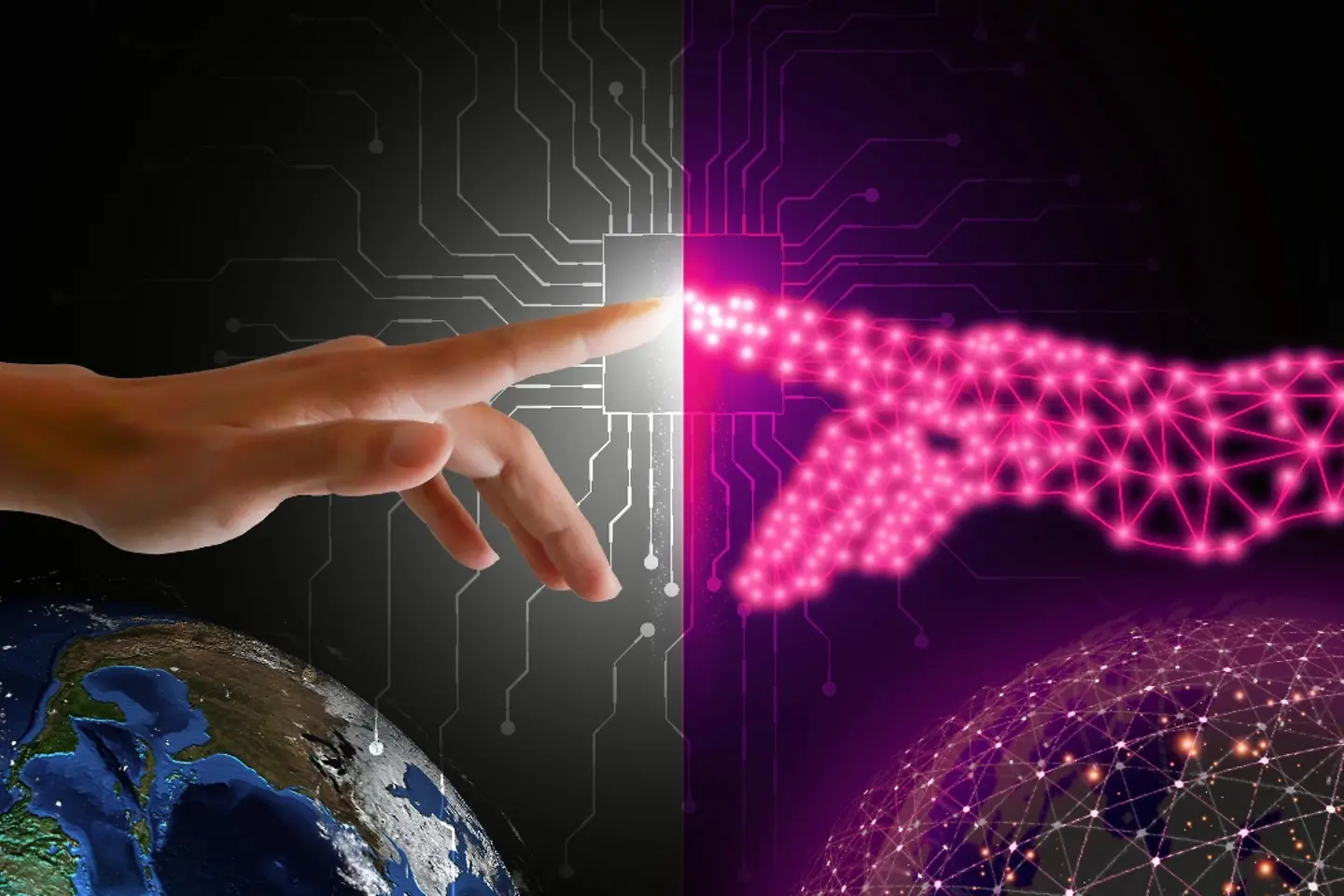  A finger touches and connects with digital finger to activate both the physical and digital worlds with a single push