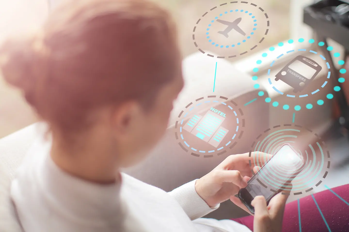 Woman sitting in bus, looking at smartphone, pictograms of bus, plane and other transportation appeared as holograms.