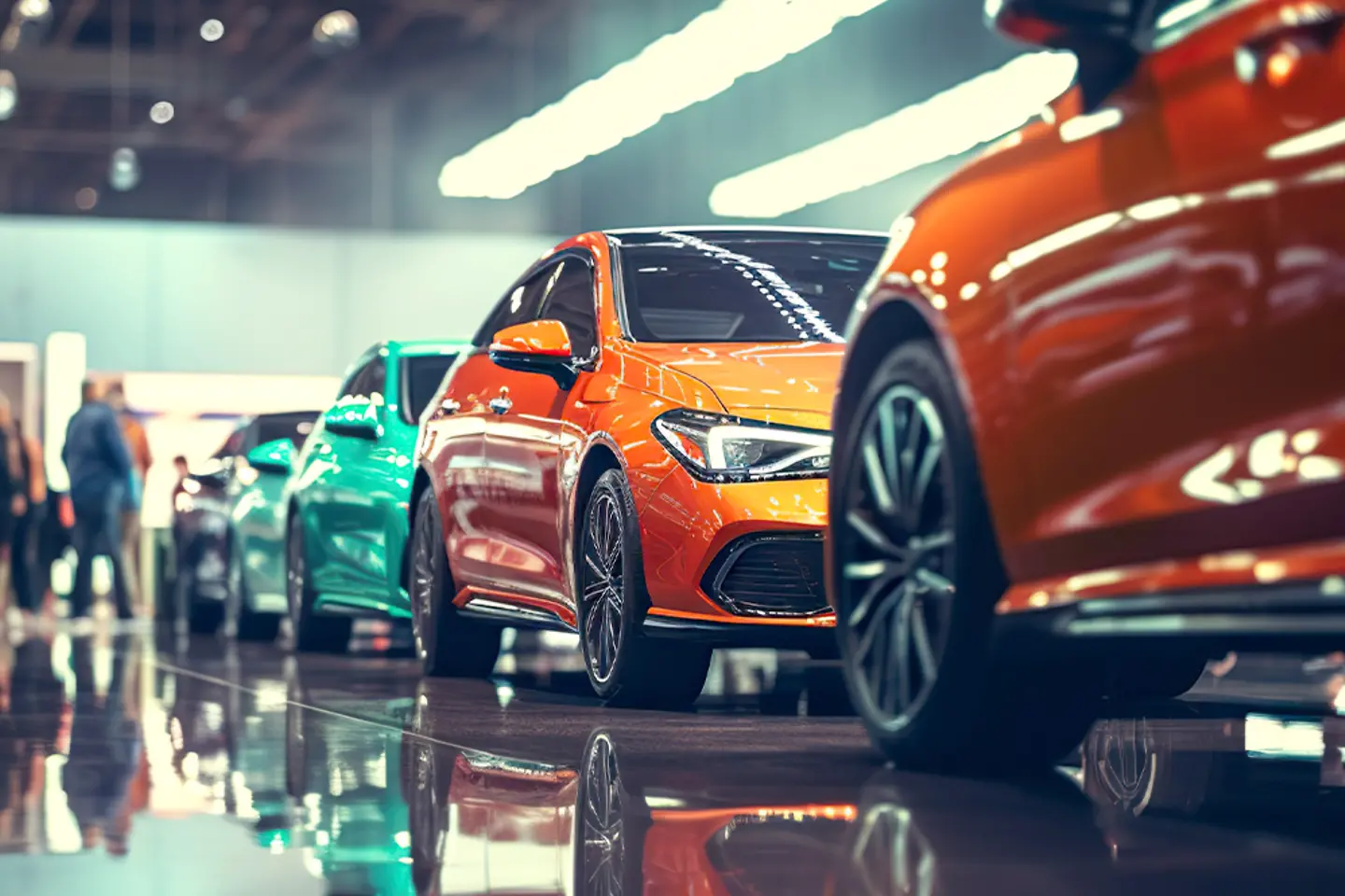 Hilera de coches de colores en una sala de exposiciones