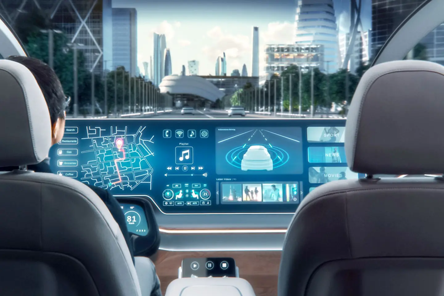 Um homem está usando um aplicativo de navegação em um painel de realidade aumentada em um carro