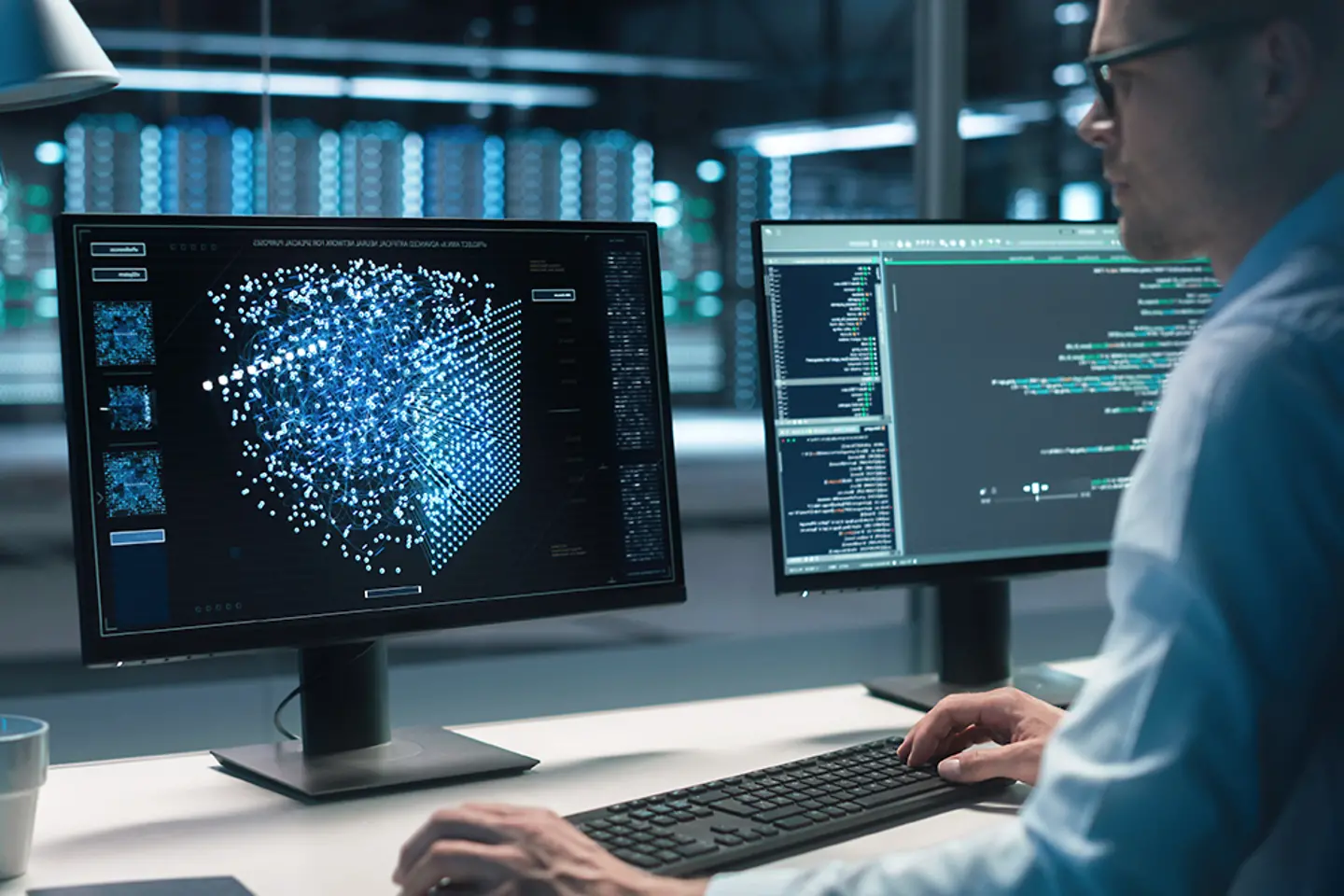A computer data science engineer works on a desktop with screen showing a lot of graphical data.