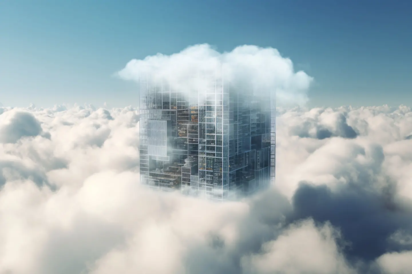 Modern high-rise building covered in clouds