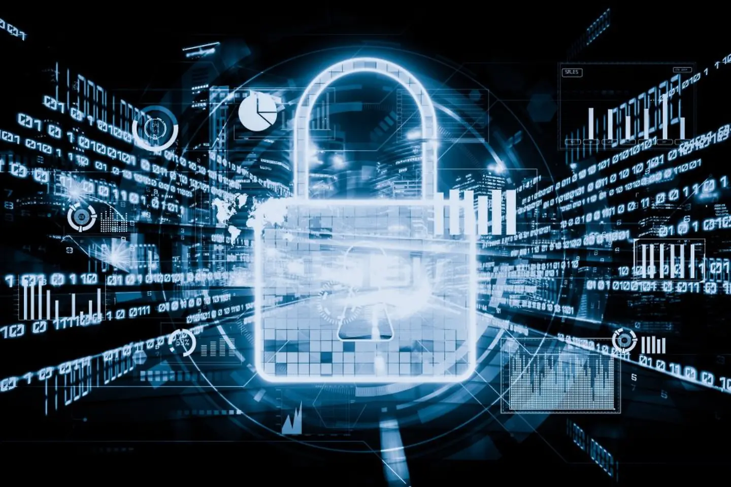 A digital lock symbolizes cyber security and secure AI concept for legal entities