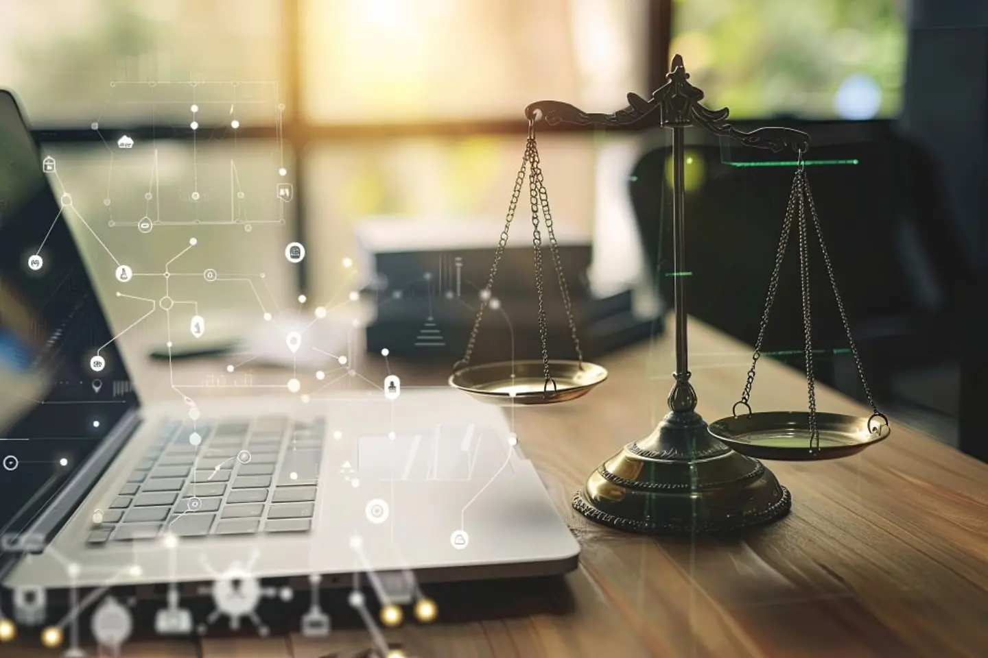 A scale next to a laptop with digitization symbols as a concept of digital law and online technology