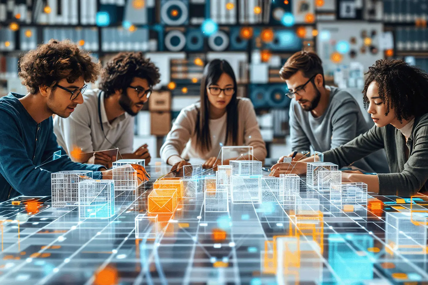 team around a digital table with dynamic pricing models, analytics-driven