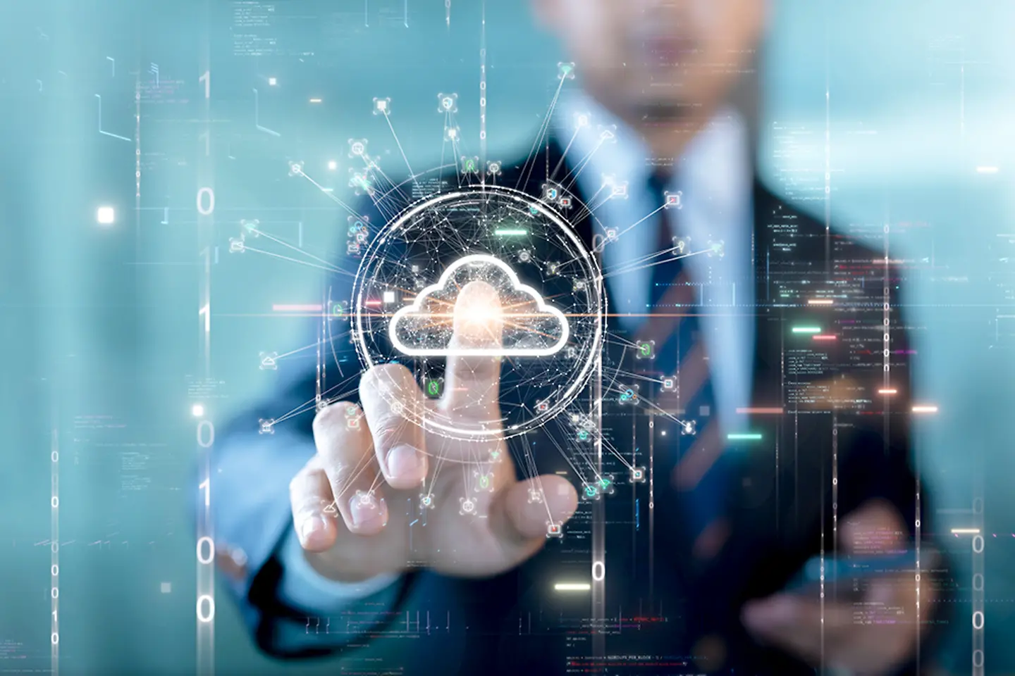 A businessman operates a digital screen