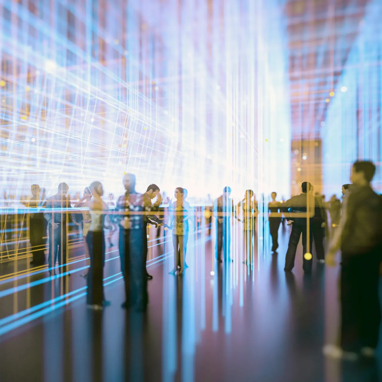 Imagem desfocada de empresários em um evento