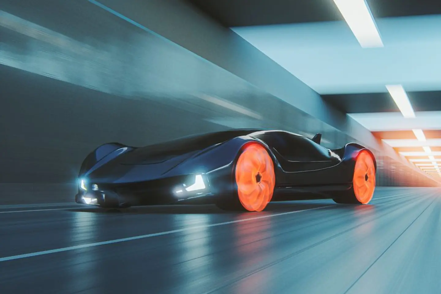 Futuristic car accelerates in a tunnel and visualizes speed and innovation