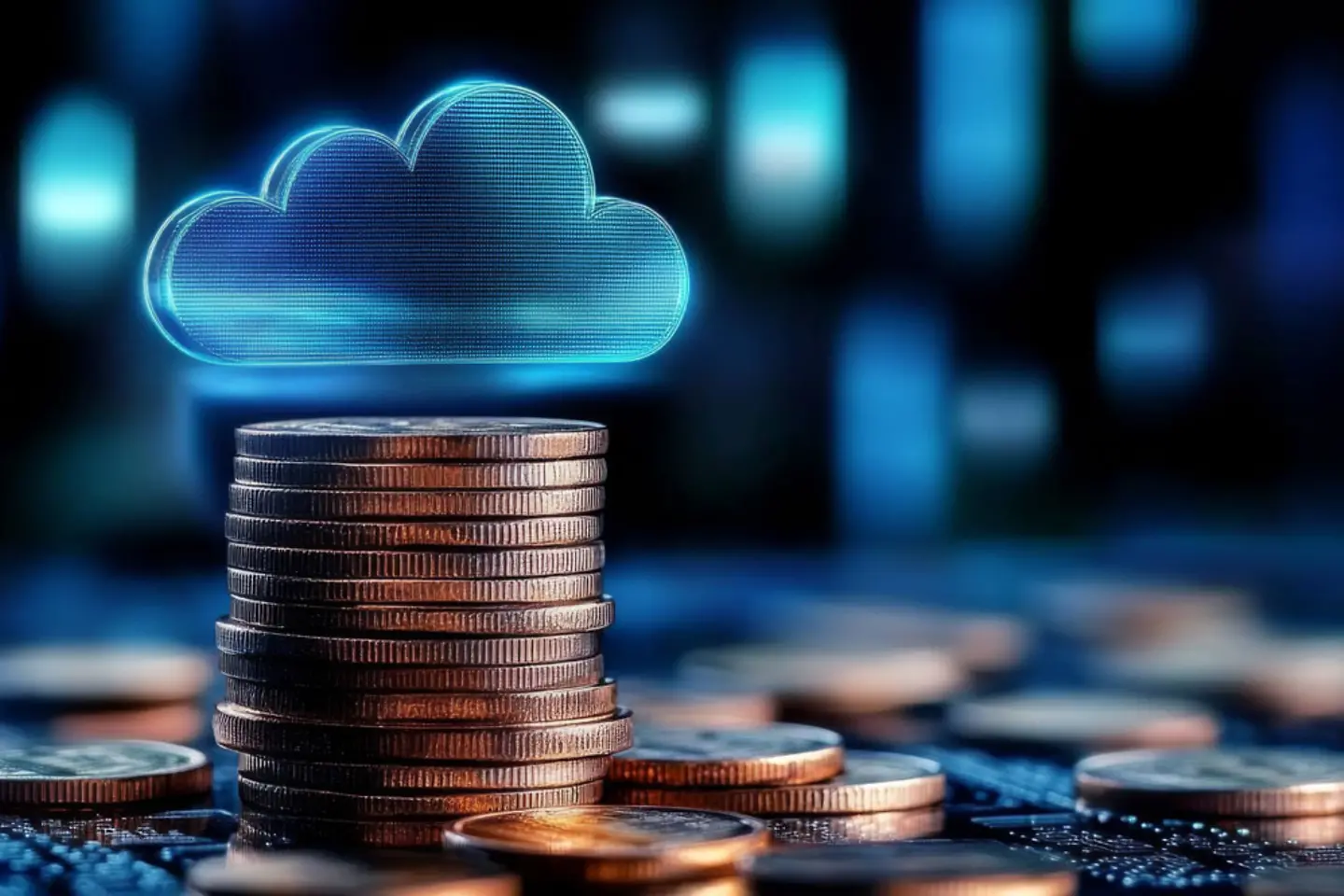 Ein Stapel von Coins, die die steigenden Kosten im Cloud Computing repräsentieren - AI generated/adapted