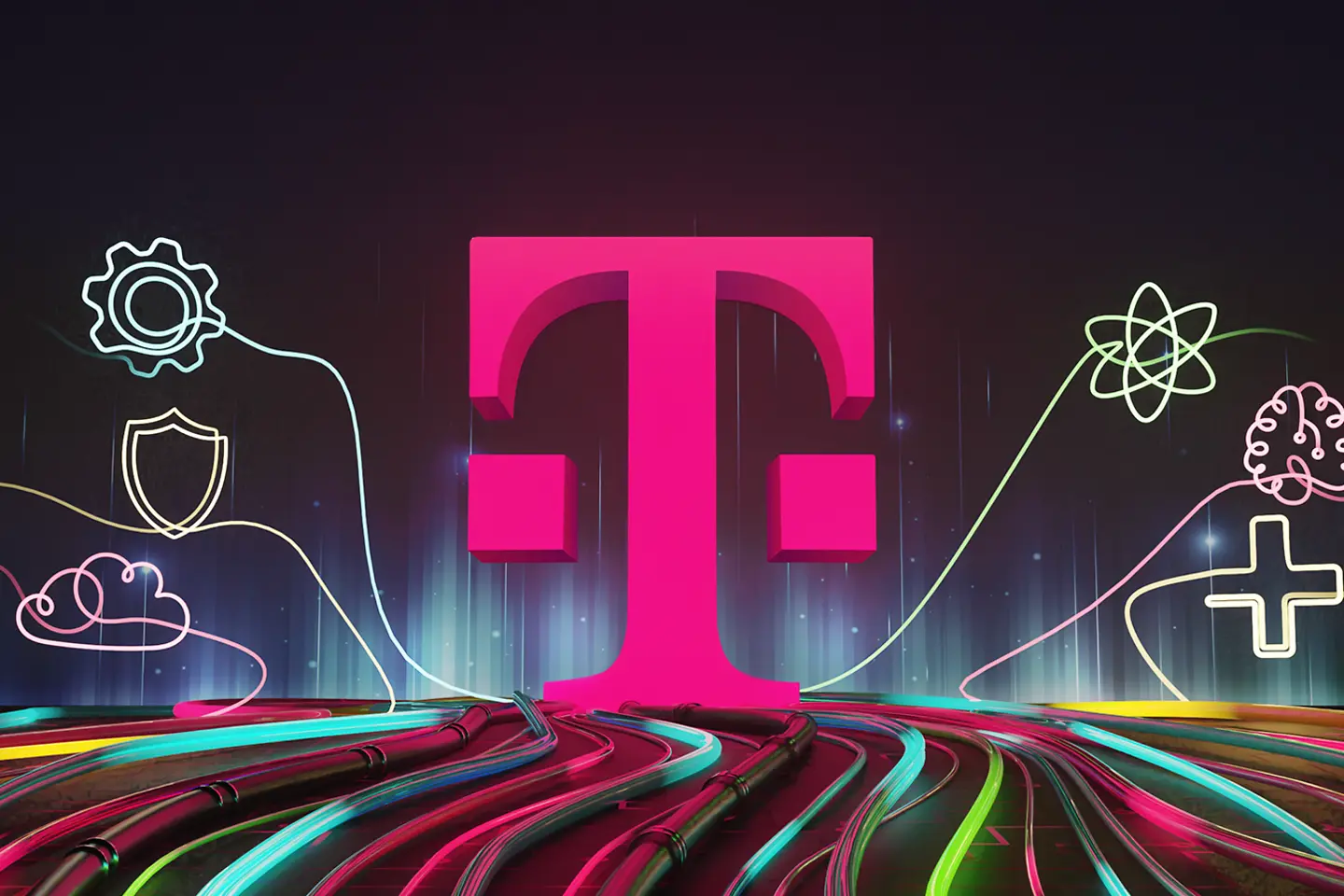 AI generiertes Bild mit Lila und Pinkfarben sowie Aufschrift "Lead the Future. Today." und T-Systems Logo