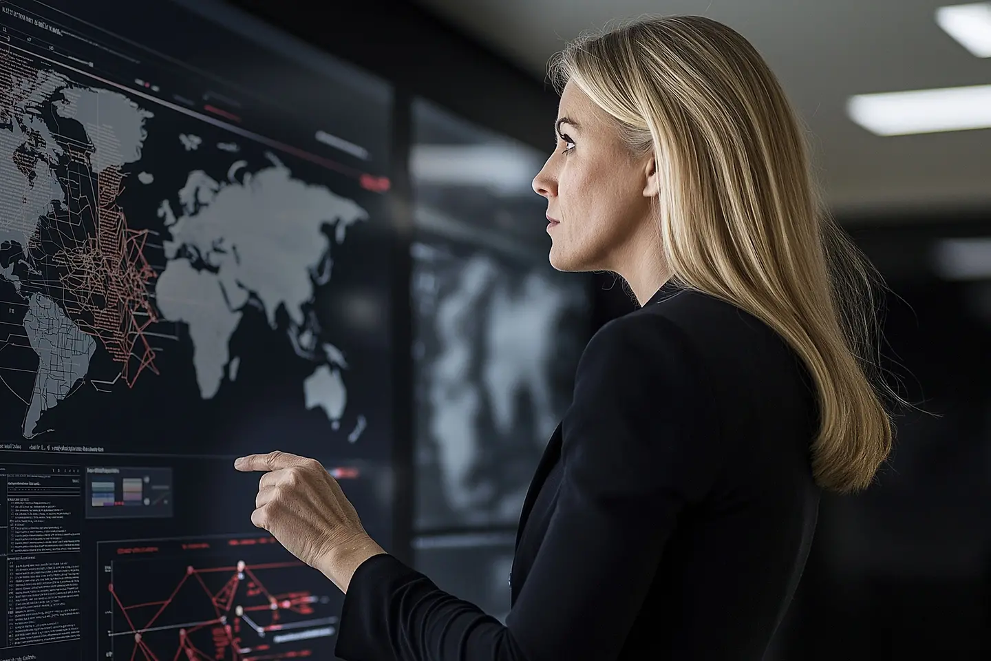 A woman stands in front of a world map with networked dots and lines - AI generated/adapted