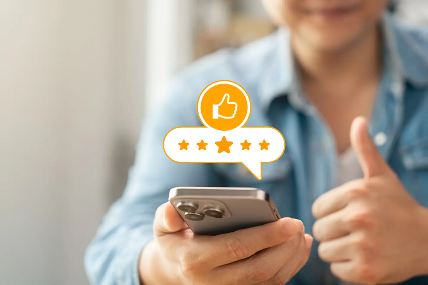 Five-star customers use smartphone to review products with thumbs up icon