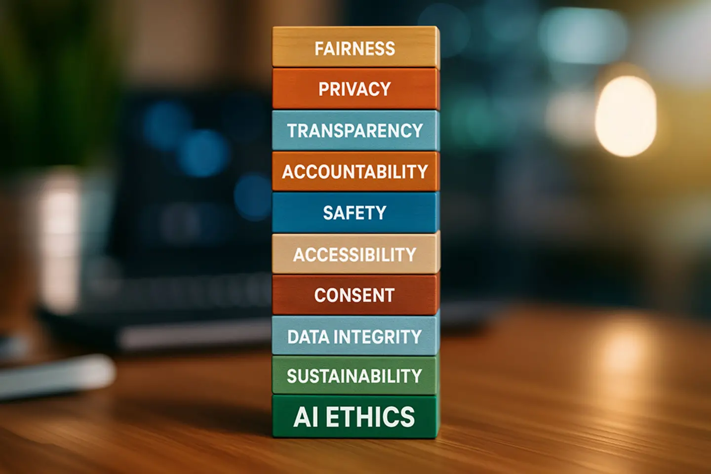 Wichtigste ethische Komponenten der KI: Fairness, Datenschutz, Transparenz, Sicherheit, Zugänglichkeit, User-Datenintegrität 