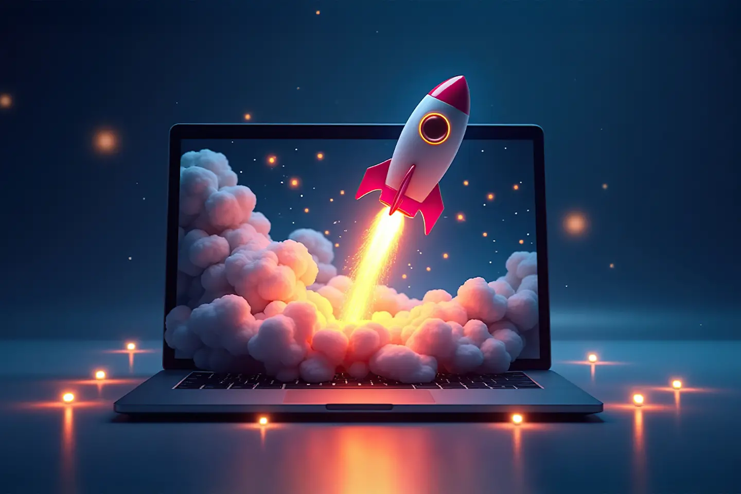 KI erstelltes Bild mit Laptop und Rakete, die aus diesem rausfliegt