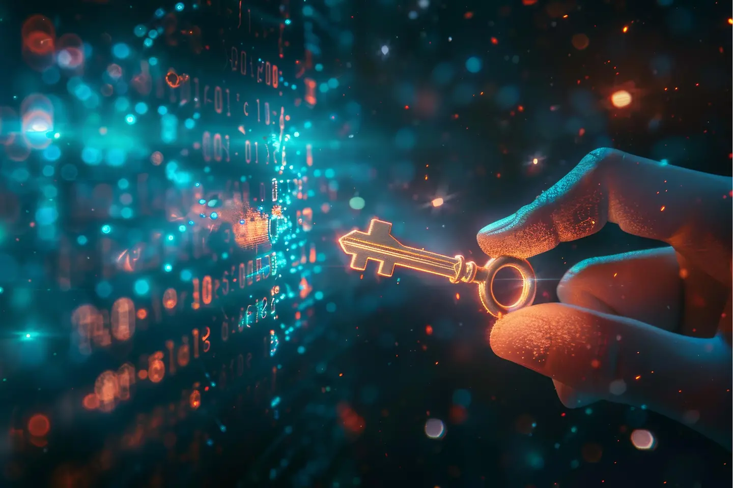 A hand holding a glowing key shaped like a chain unlocks a massive digital code