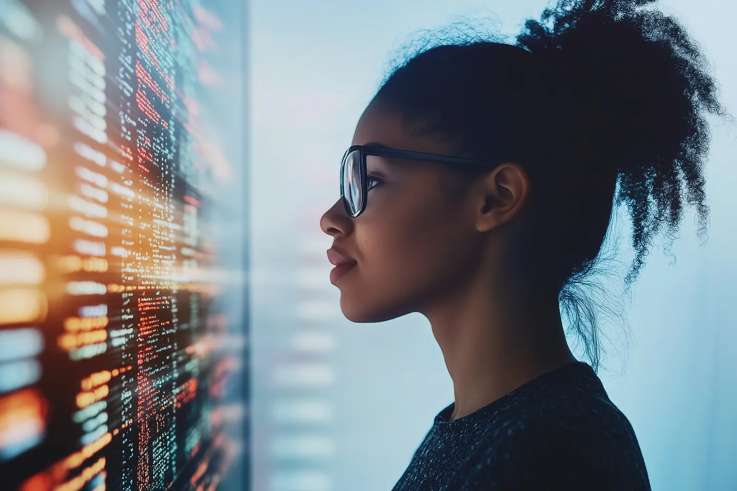 Eine IT-Spezialistin lernt Code- und Datentechnologie zu analysieren