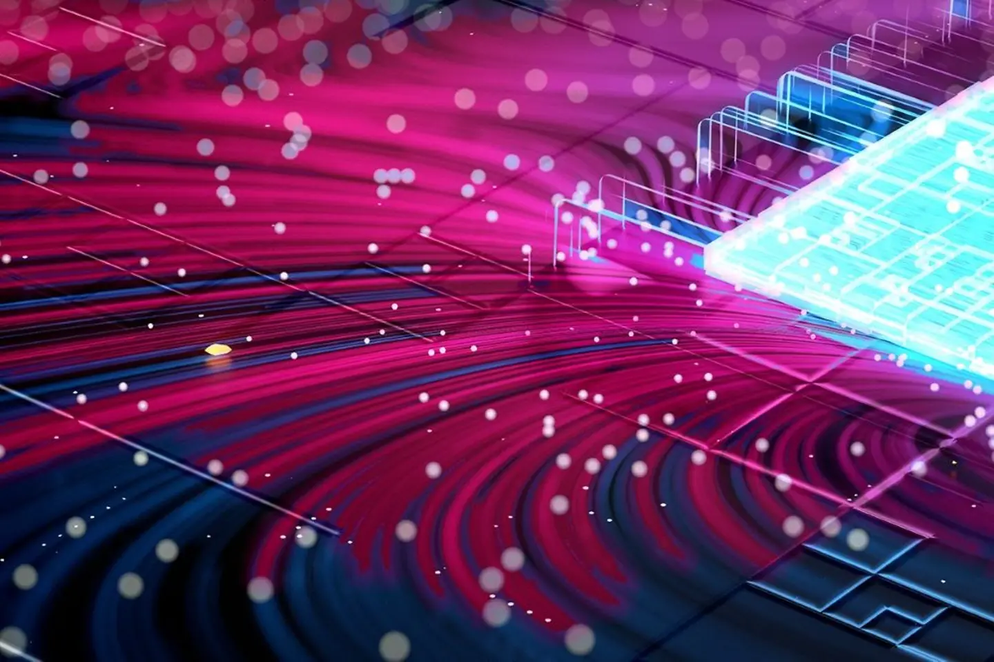 Blau-schimmernder Komputerchip auf magenta Platte