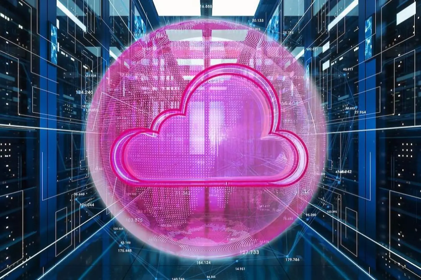 Magenta Wolke auf blauem digitalen Hintergrund.