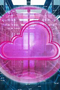 Magenta Wolke auf blauem digitalen Hintergrund.