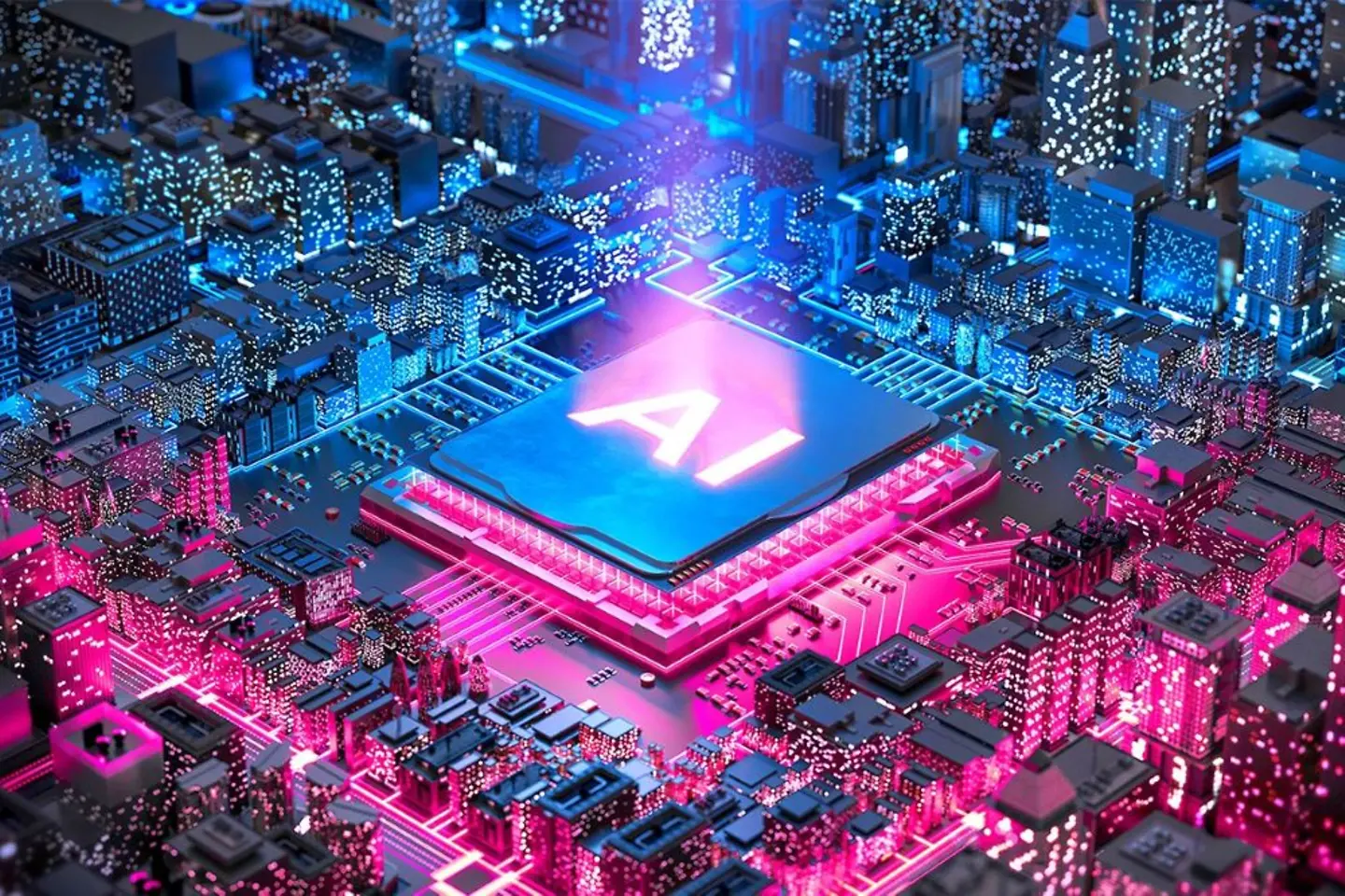 Ein blaulich-magenta Computerchip das wie eine miniatür-Stadt aussieht, mit der Beschriftung "AI"
