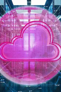 Magenta cloud on blue digital background.