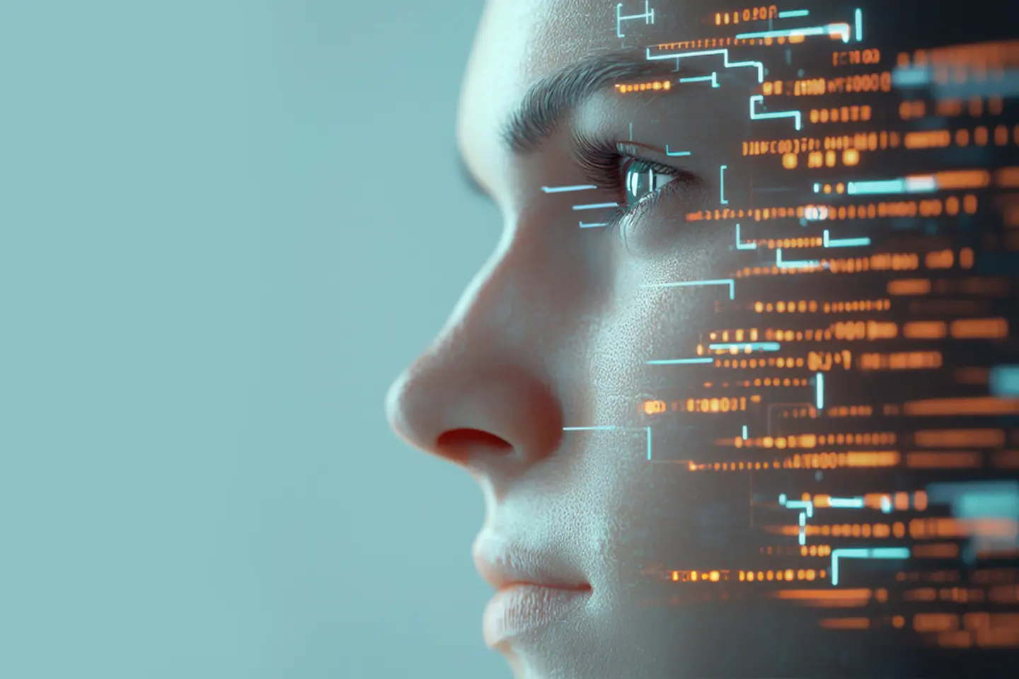 A futuristic face with digital interface elements and AI protocols 