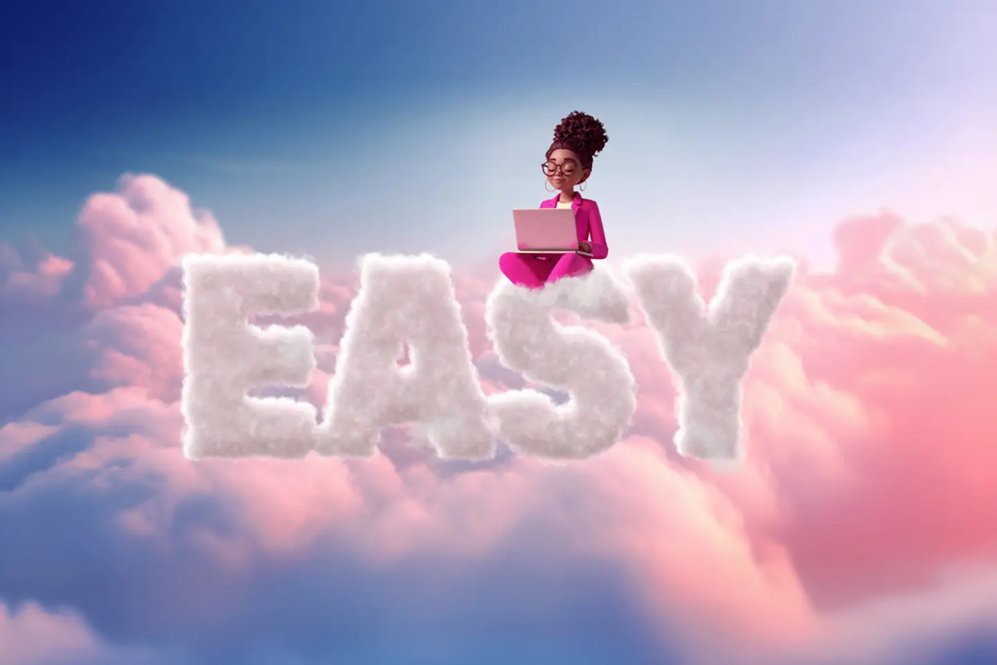 KI-generiertes Bild - Magentafarbene weibliche Figur sitzt mit einem Laptop auf einem Schriftzug "Easy" aus Wolken , KI-generiertes Bild