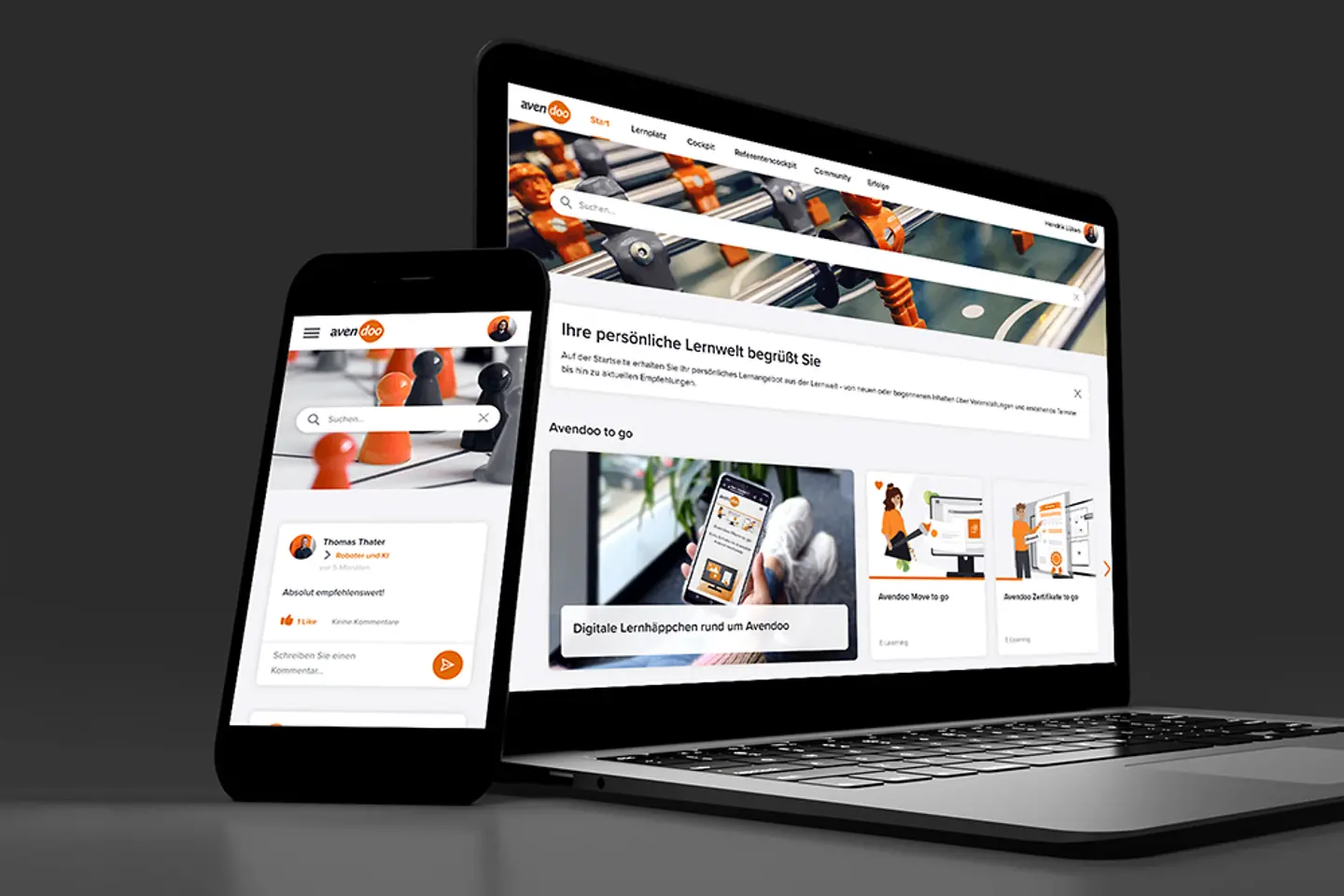 Laptop und Mobiltelefon mit Ansichten der Avendoo E-Learning-Plattform