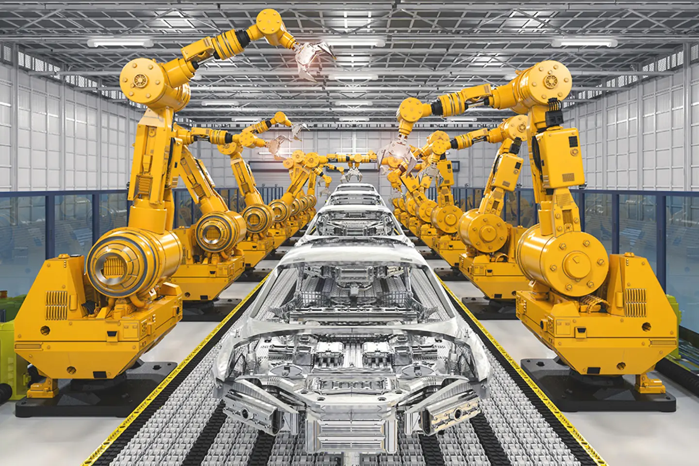 Linha de montagem robótica em uma fábrica de automóveis.