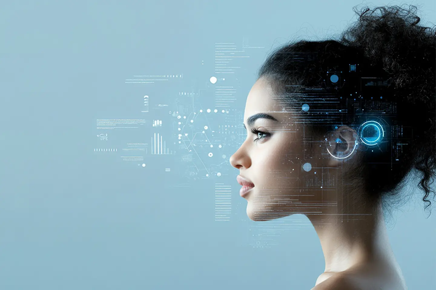 KI-generiertes Bild - KI-generiertes Bild einer jungen Frau, die eine Datenvisualisation betrachtet