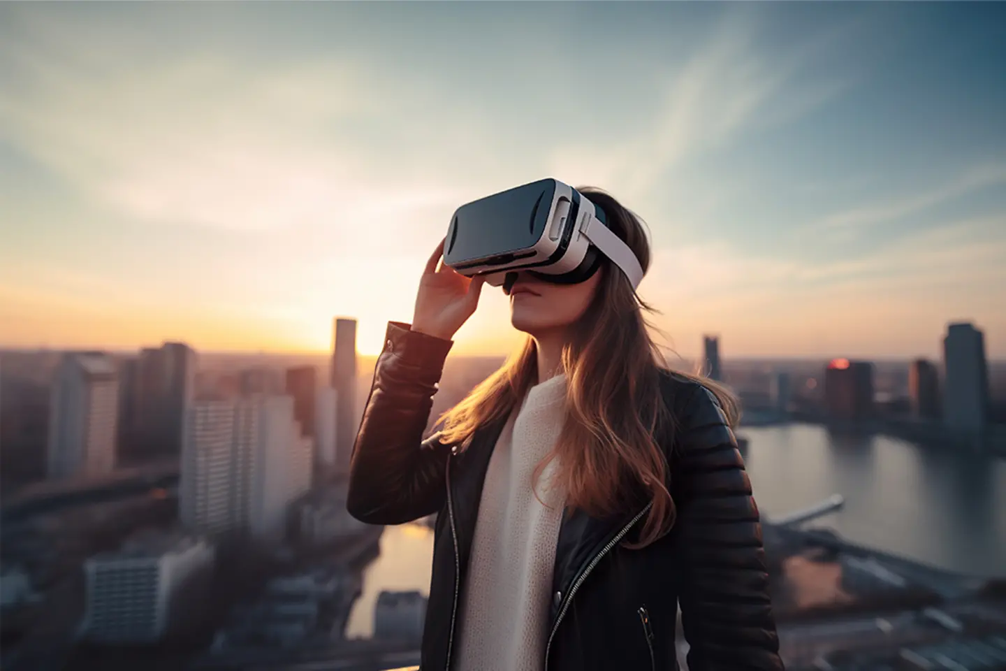 Woman is wearing augmented reality glasses.