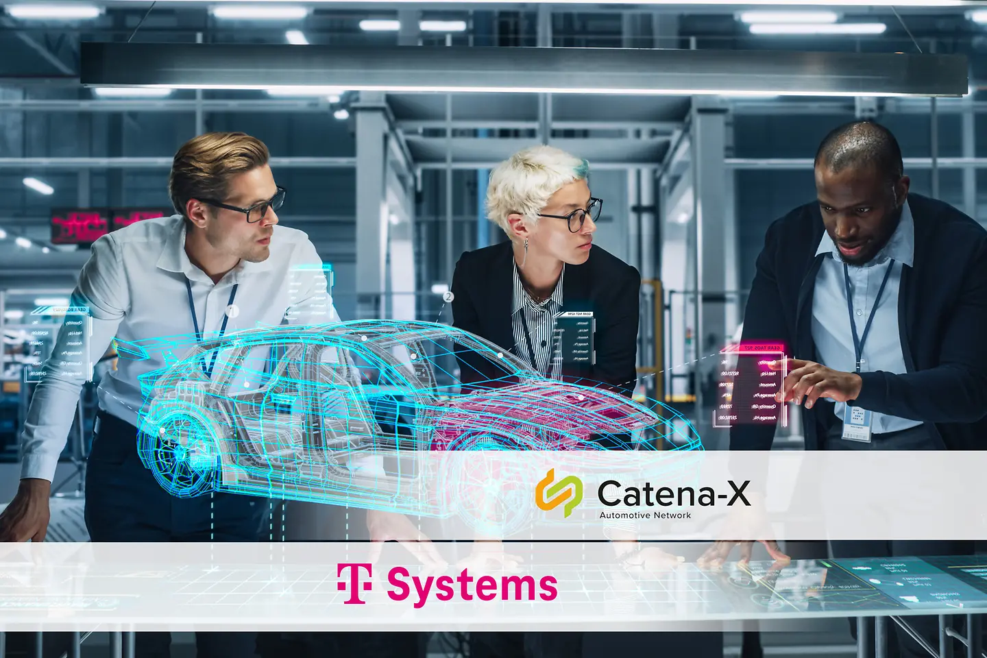 Automobil-Engineure arbeiten an einem Viruellen Fahrzeugmodell