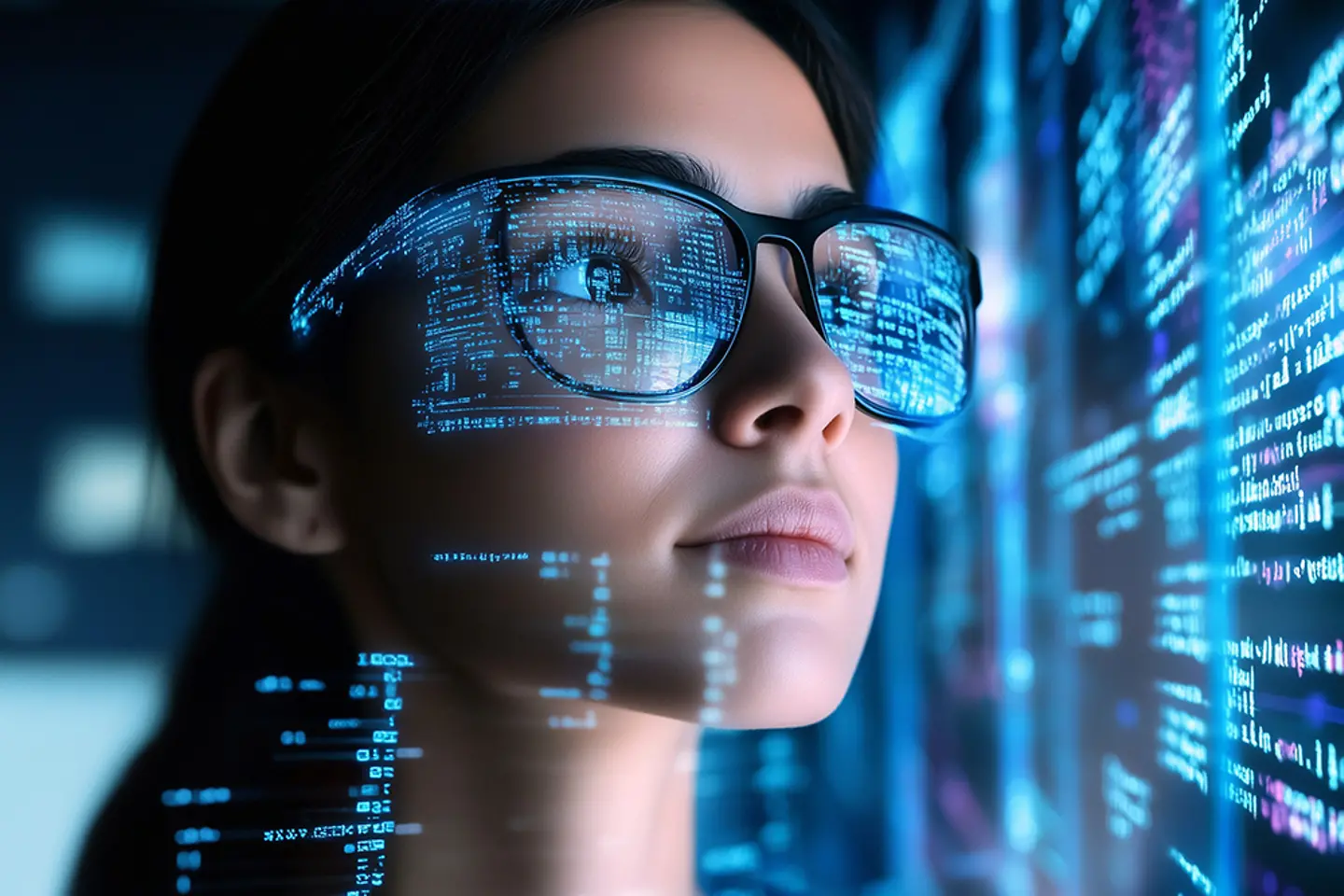 Informática leyendo un código en una pantalla, imagen generada por IA