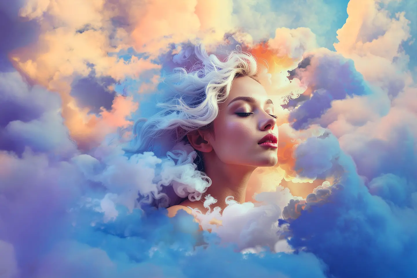 KI-generiertes Bild - Schönes Gesicht einer Frau zwischen bunten Wolken, KI-generiertes Bild