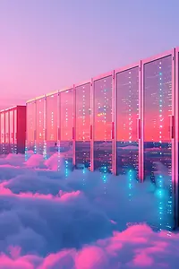 Illustration of a data server room above a sea of clouds with evening sky in the background
