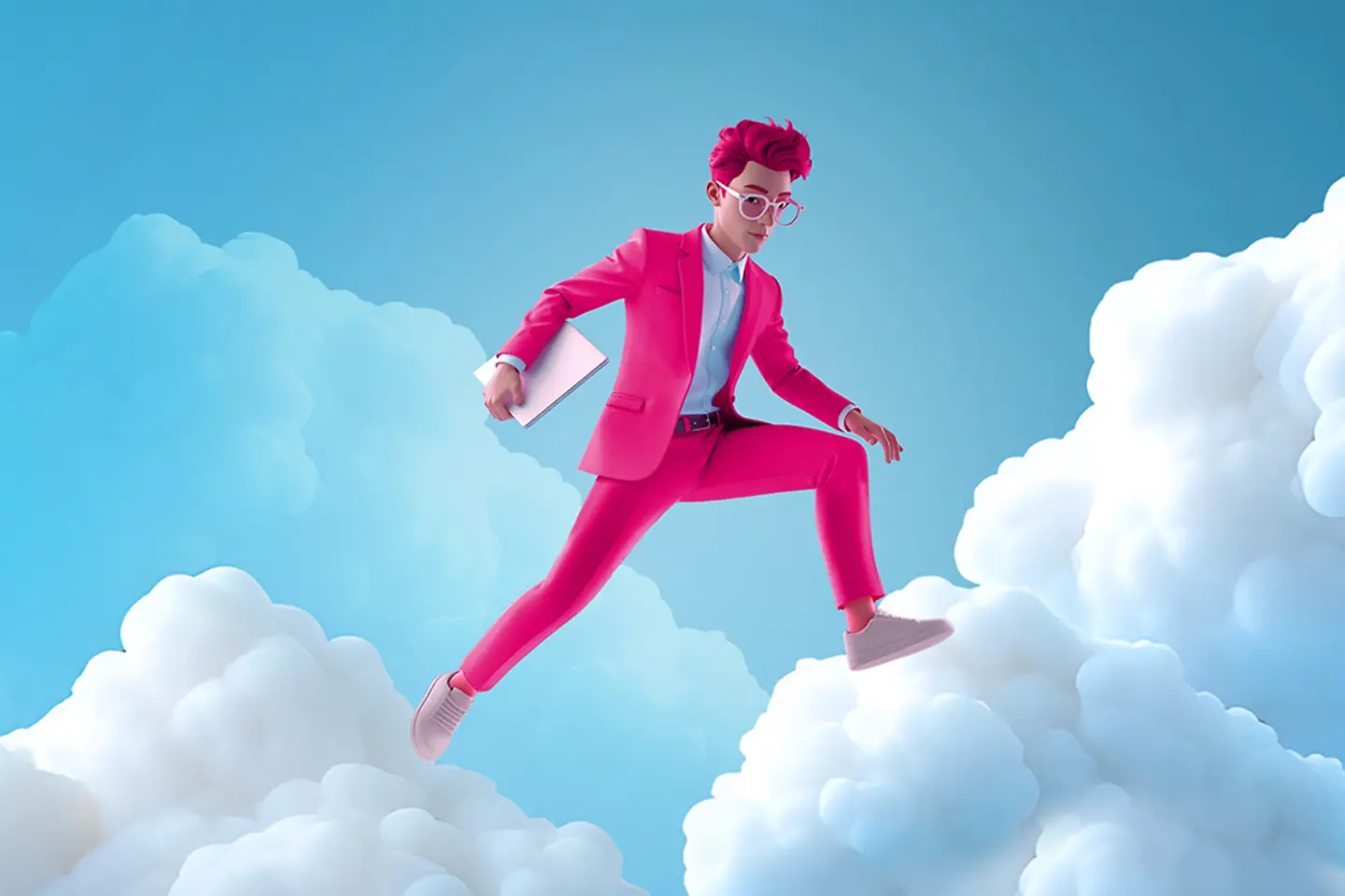 KI-generiertes Bild - Mann in Magenta springt von Wolke zu Wolke, KI-generiertes Bild