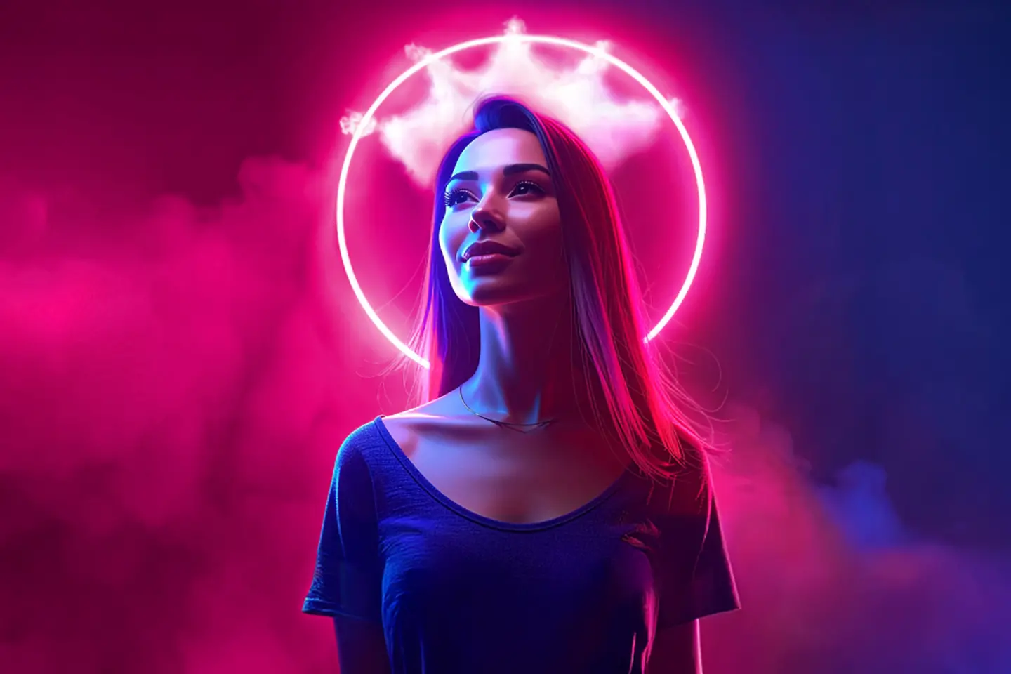 KI-generiertes Bild - Junge Frau mit einer magenta Krone aus Wolken, KI-generiertes Bild