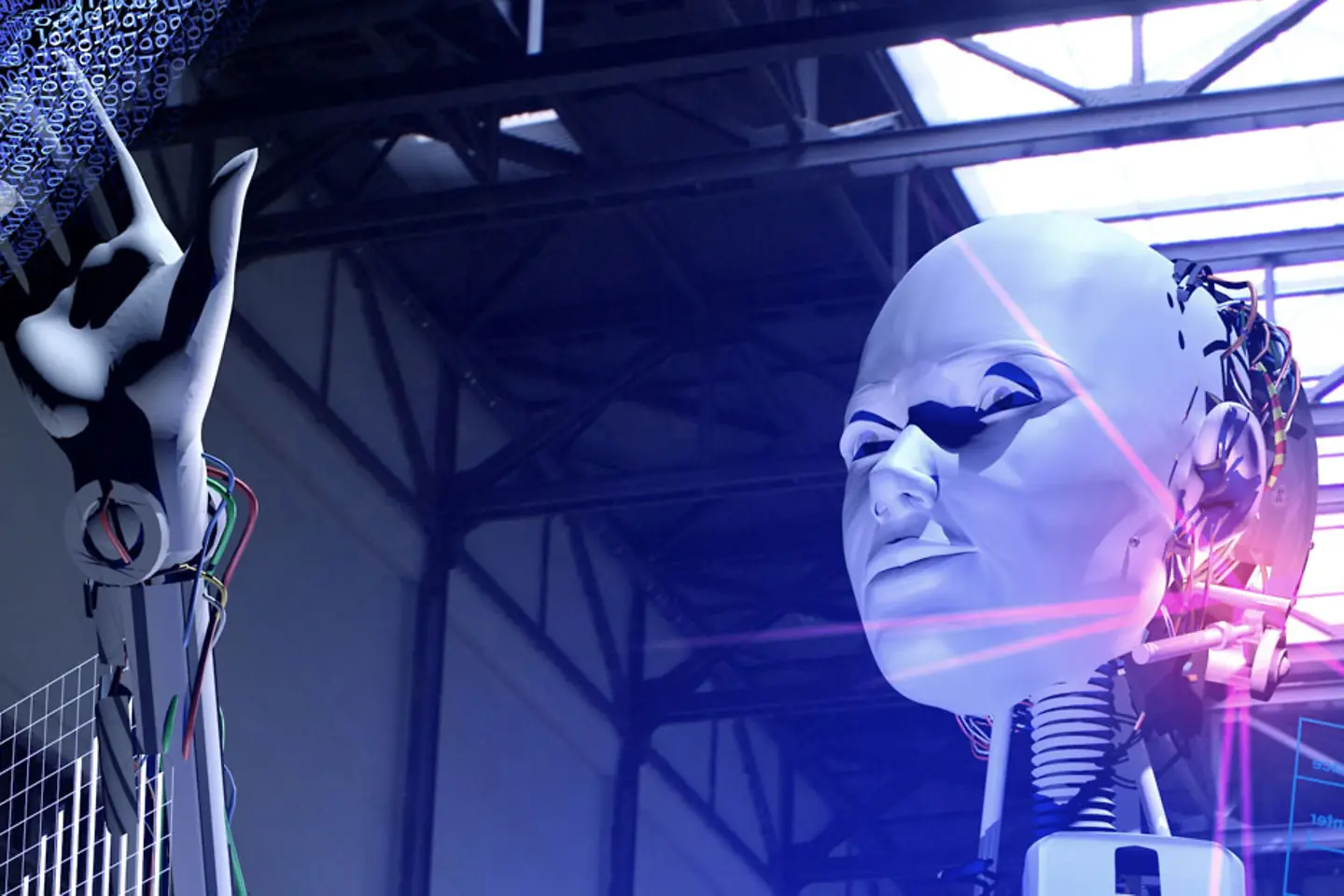 Armazém com robô que bate uma nuvem virtual de números com seu dedo