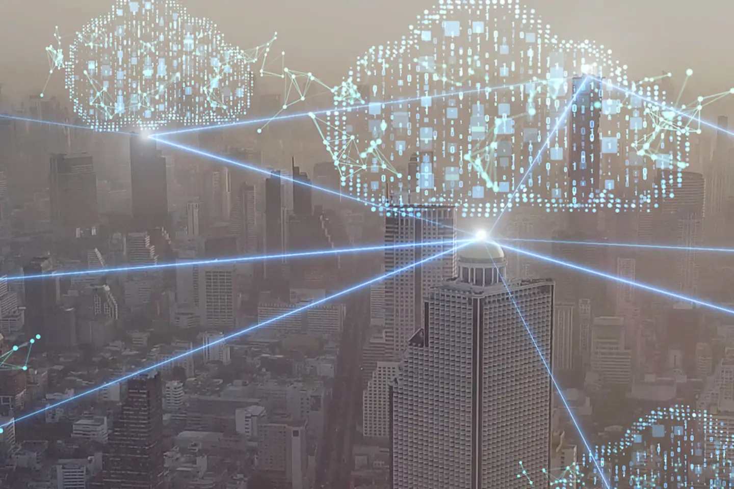 Pixel clouds connected with light rays in front of foggy city scenery