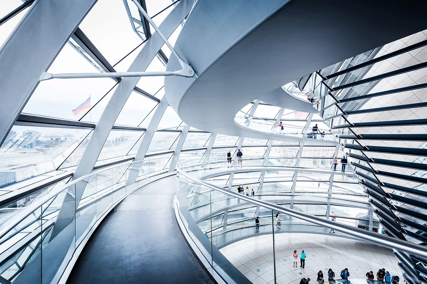 A corridor in a glass office building