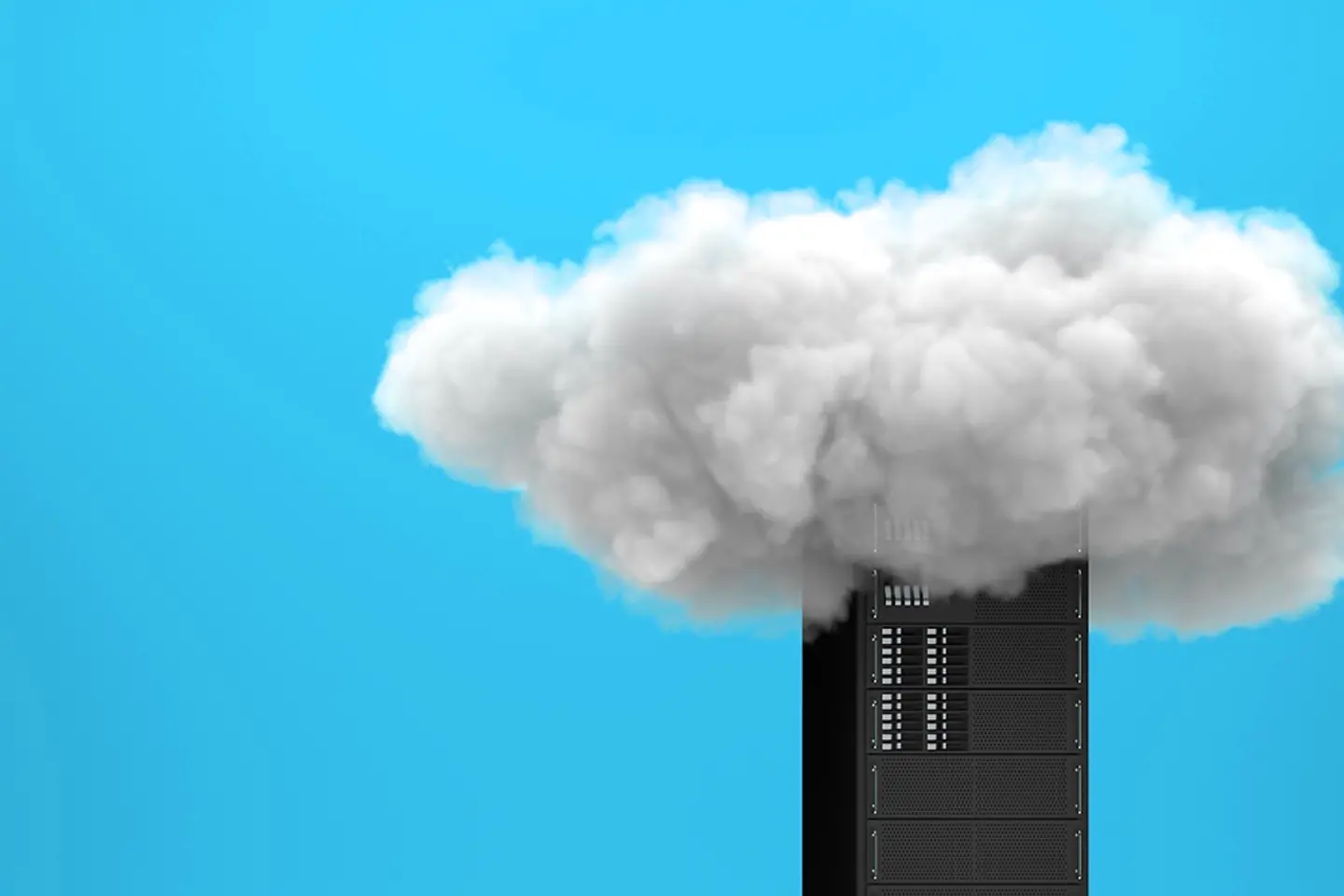 Server with cloud computing technology shrouded in cloud on yellow background