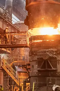 A female and a male steelworker look at a foundry plant.