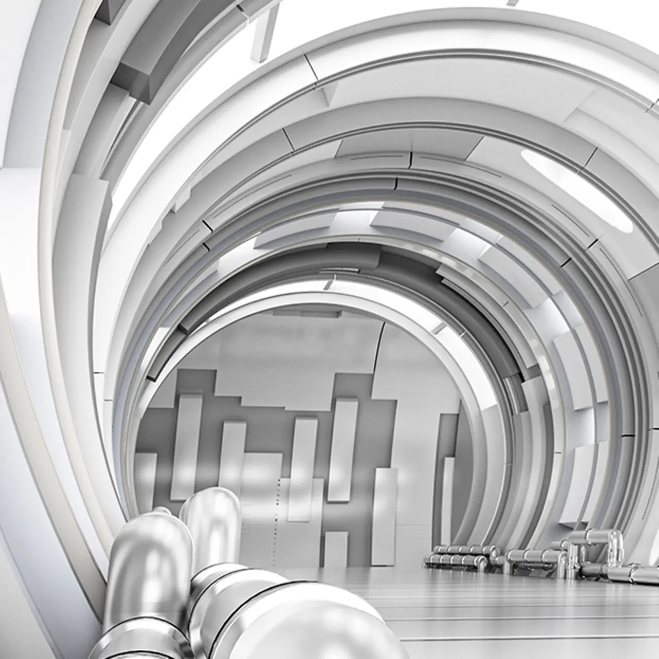 View in white futuristic tunnels made of metal.