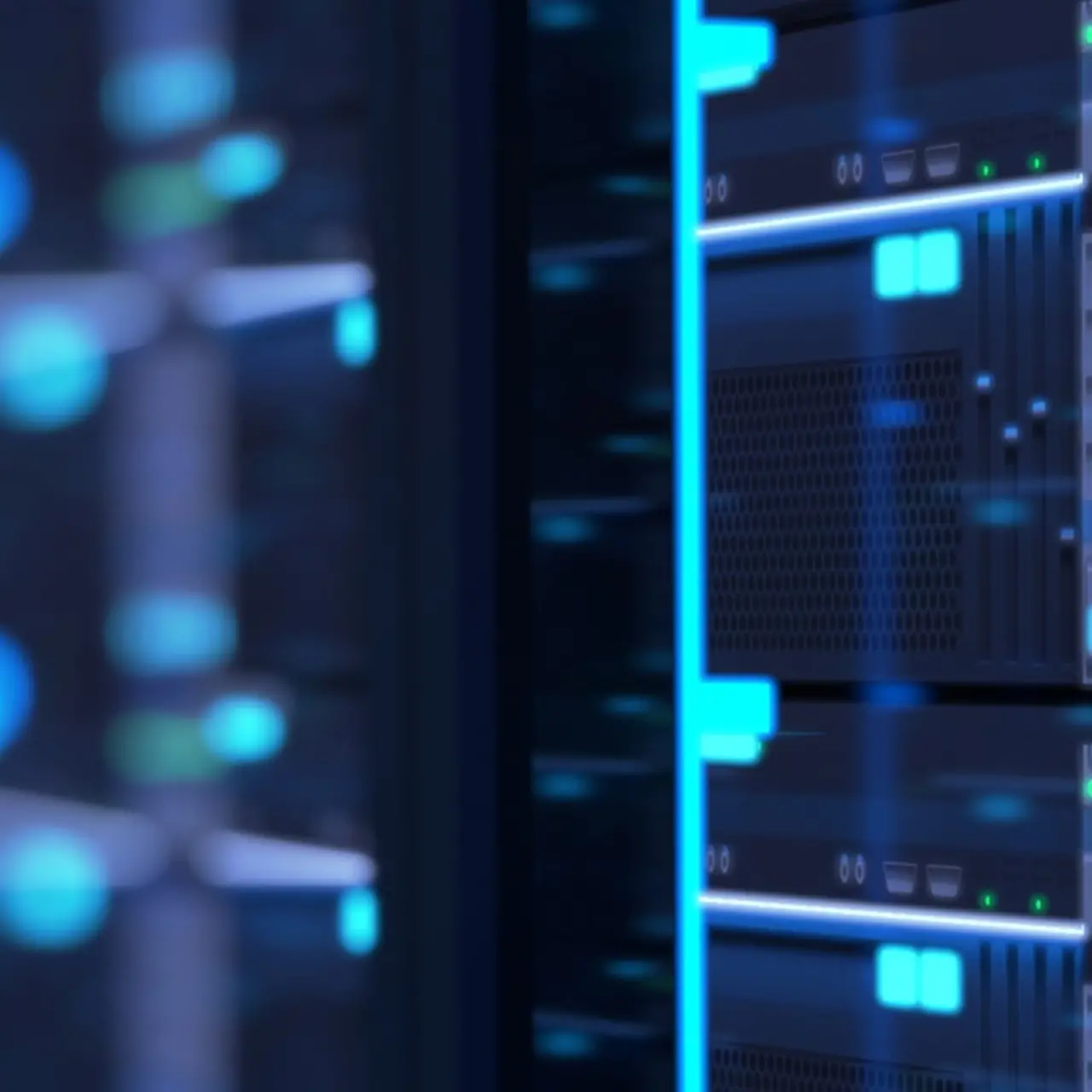 Corredor com suportes de servidor com visores luminosos