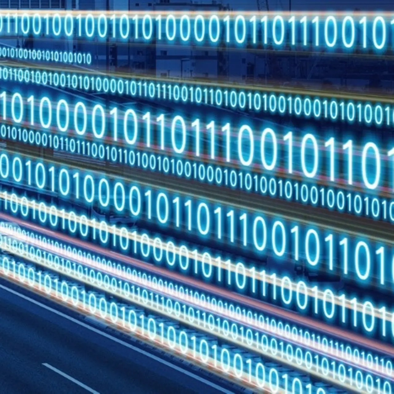  A road travelled by cars, next to it binary codes.