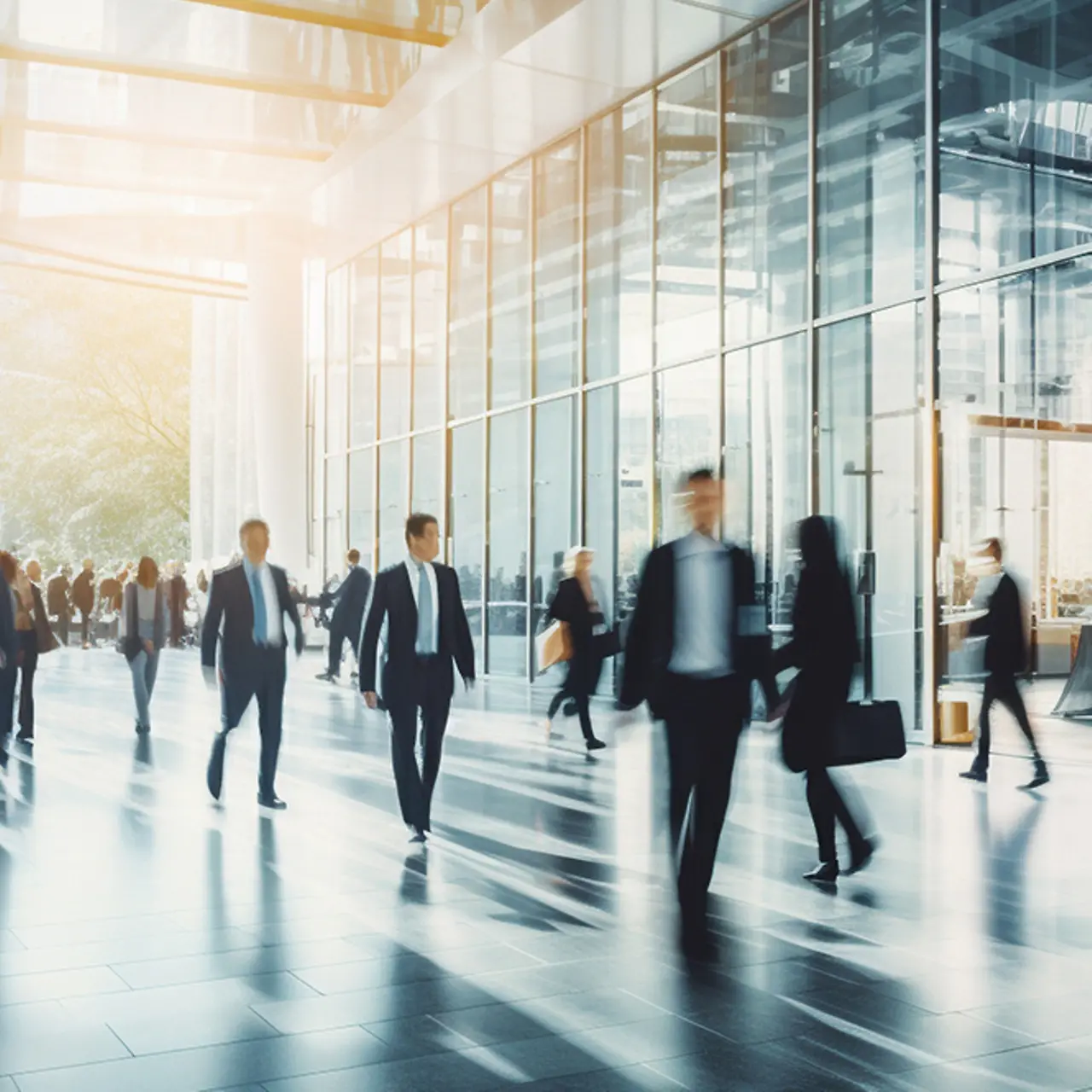 Eine Gruppe unscharfer Geschäftsleute geht in einem Flughafen einer Geschäftseinrichtung