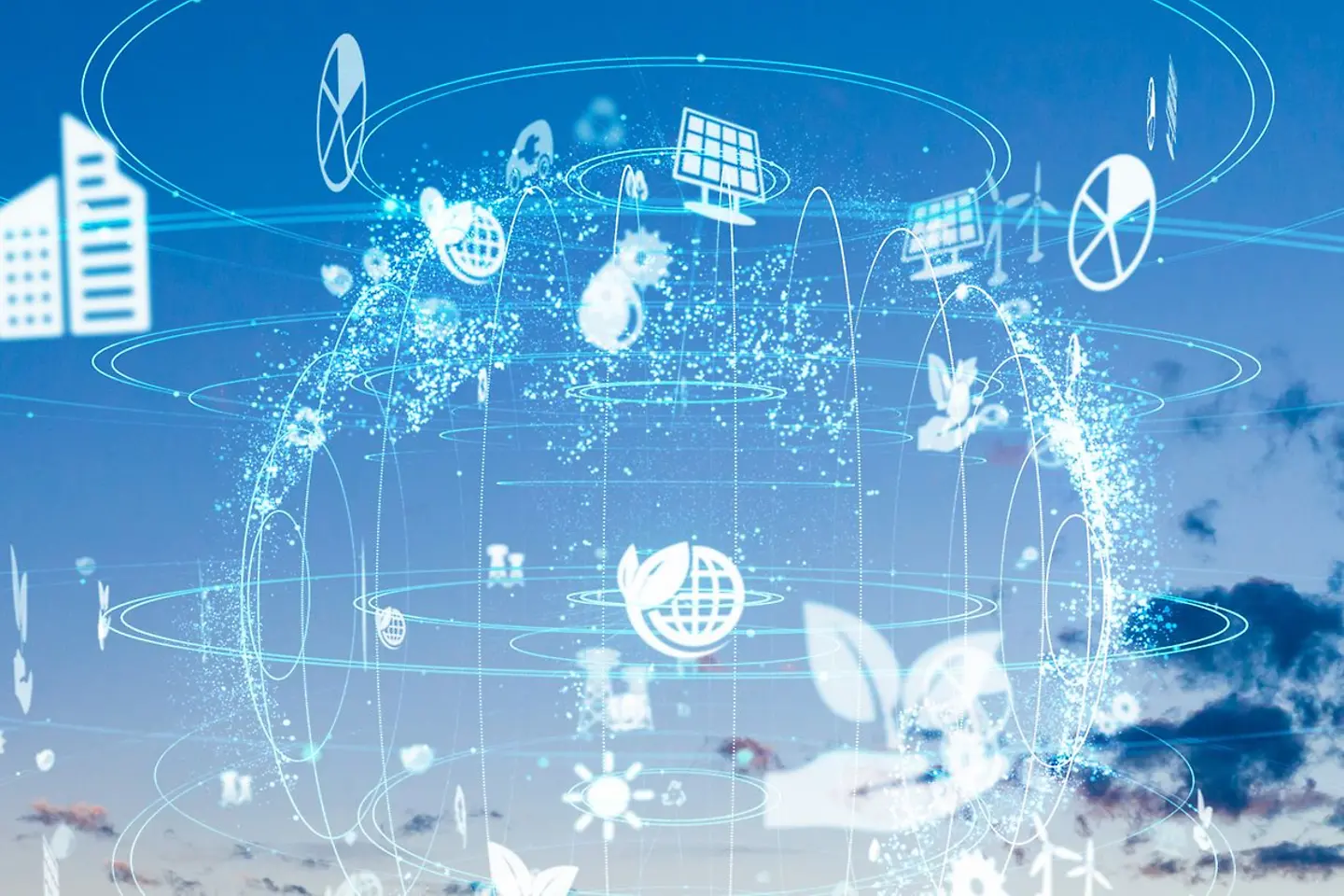 Ícones de plantas e turbinas eólicas sobre um fundo azul