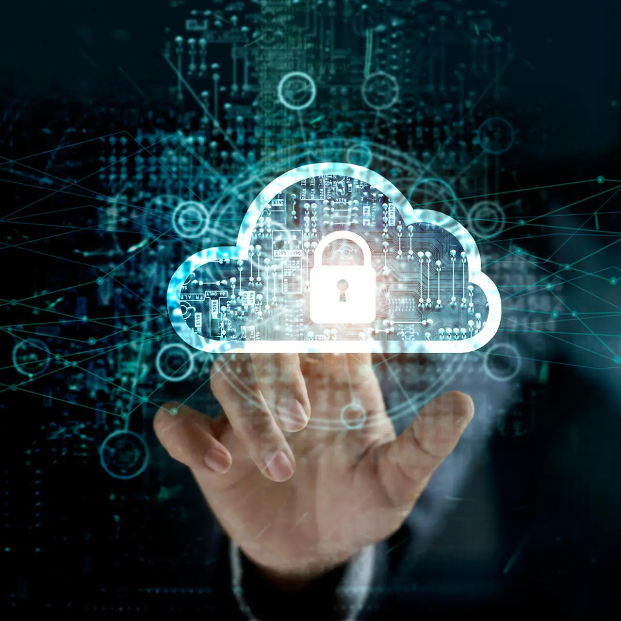 Eine hand zeigt auf ein virtuelles Schloss