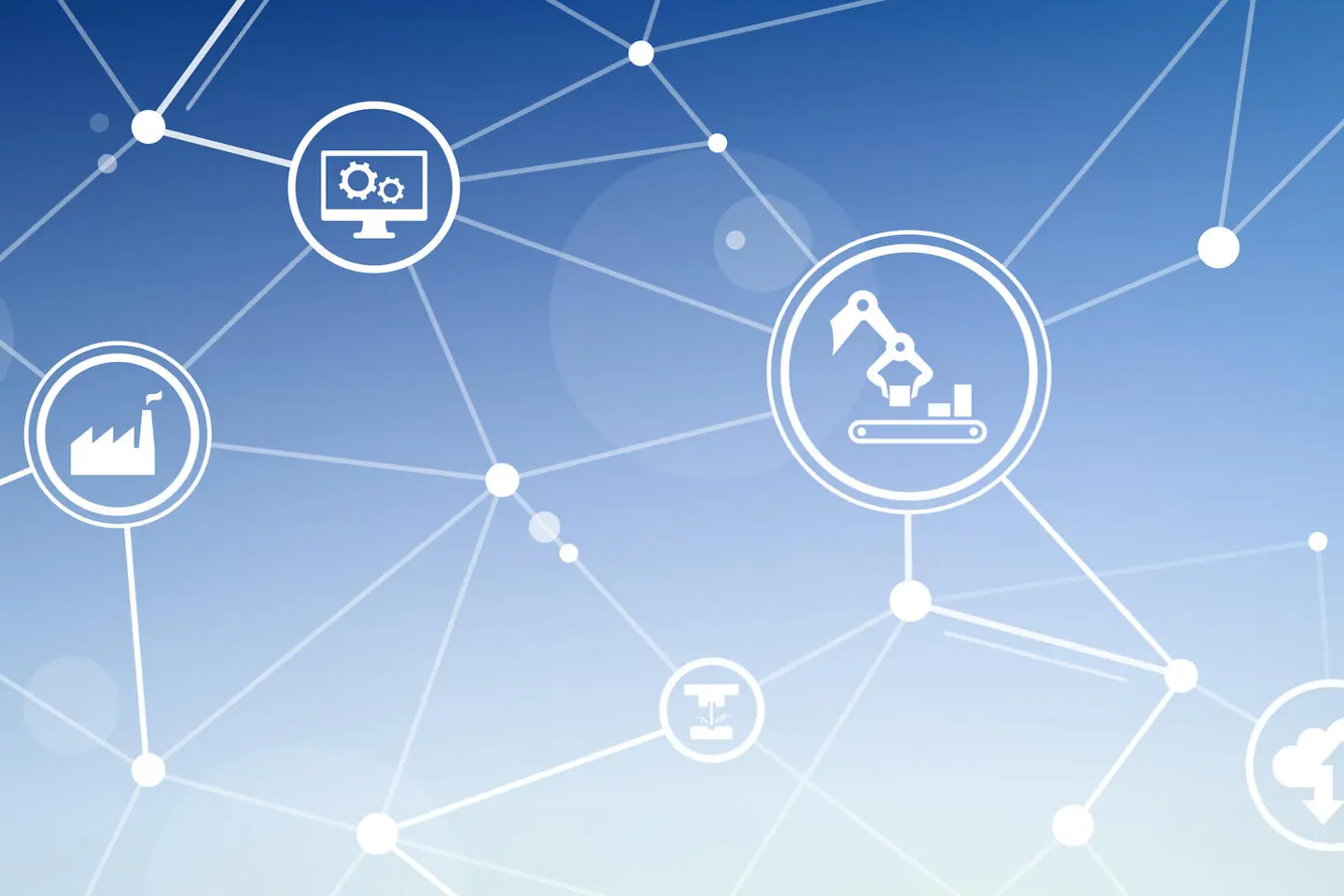 Smart Factory Konzept in Form weißer Buttons vor blauem Hintergrund